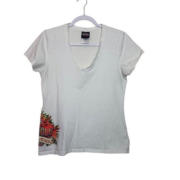 Harley-Davidson White V Neck Short Sleeve Fitted Tee SZ Large Honolulu Hawaii - Picture 1 of 7